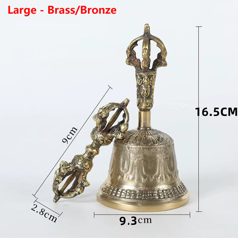 Five-strand Carving Tibetan Hanging Bell and Dorje Set Large - Brass/Bronze