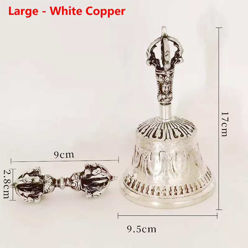Five-strand Carving Tibetan Hanging Bell and Dorje Set Large - White Copper