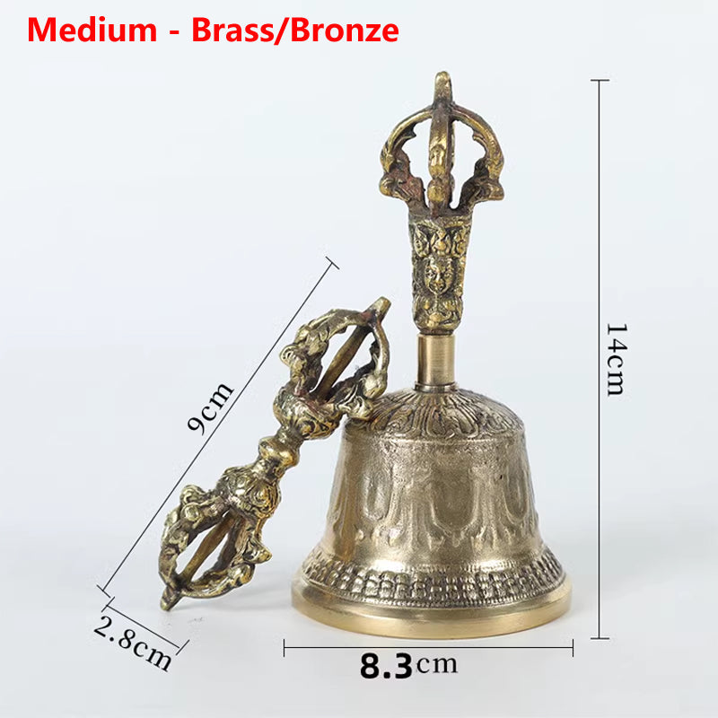 Five-strand Carving Tibetan Hanging Bell and Dorje Set Medium - Brass/Bronze