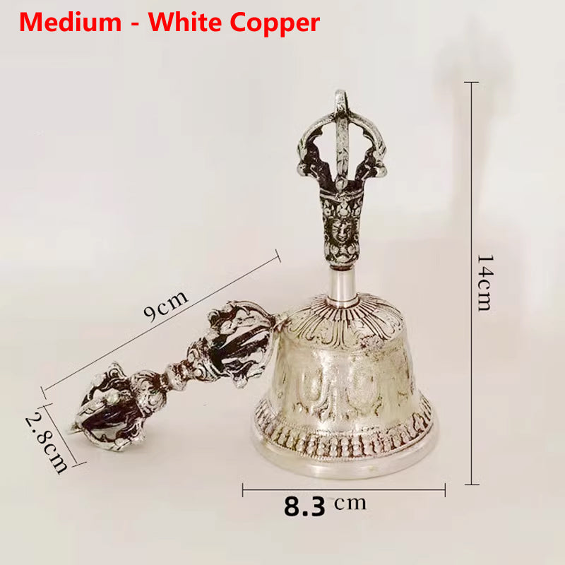 Five-strand Carving Tibetan Hanging Bell and Dorje Set Medium - White Copper