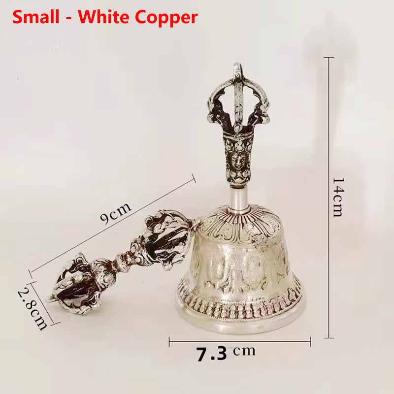 Five-strand Carving Tibetan Hanging Bell and Dorje Set Small - White Copper