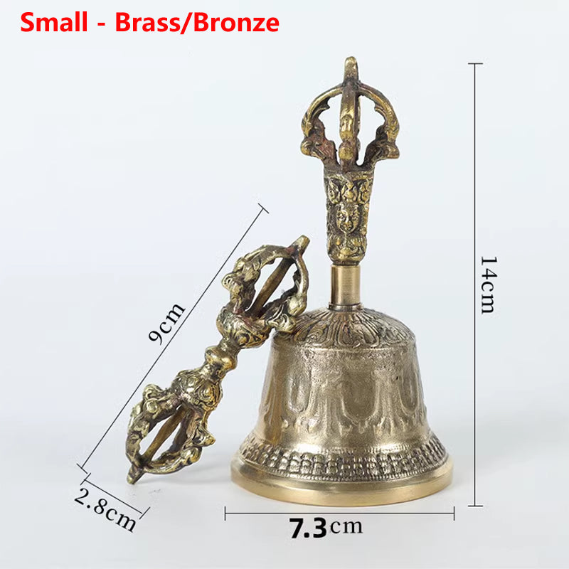 Five-strand Carving Tibetan Hanging Bell and Dorje Set Small - Brass/Bronze
