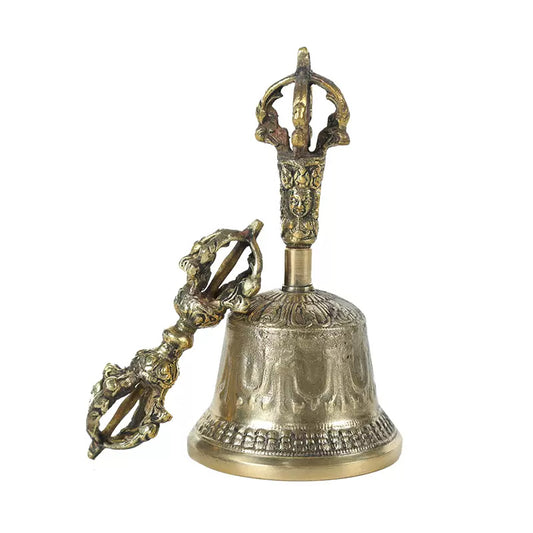 Five-strand Carving Tibetan Hanging Bell and Dorje Set, Handmade of White Bronze for Sale