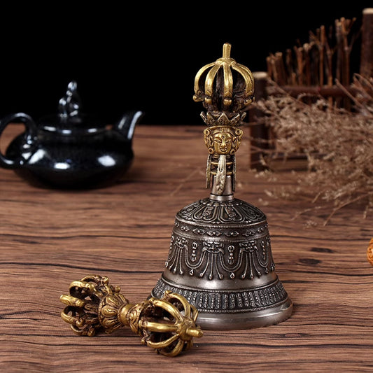 Tibetan Hand Bell and Dorje Vajra Set for Sale, Handmade in Bronze with Nine Strands of Carvings