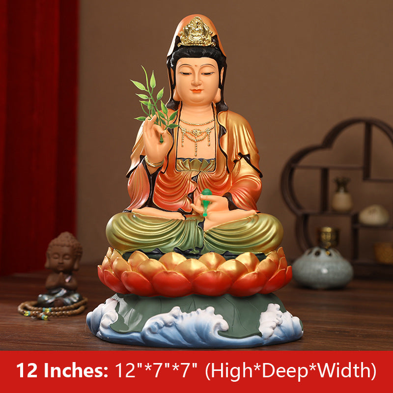 Avalokiteshvara Bodhisattva Quan Yin Statue on Lotus Golden Blessing Cloth Resin Material 12 inches 30CM*17CM*17CM