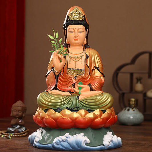 Avalokiteshvara Bodhisattva Quan Yin Statue on Lotus for Sale, Golden Blessed Clothes Resin Material, Offerings