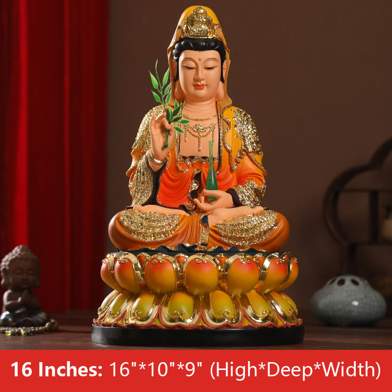 Chinese Guan Yin Goddess of Mercy Statue Colorful Resin Material 16 Inches
