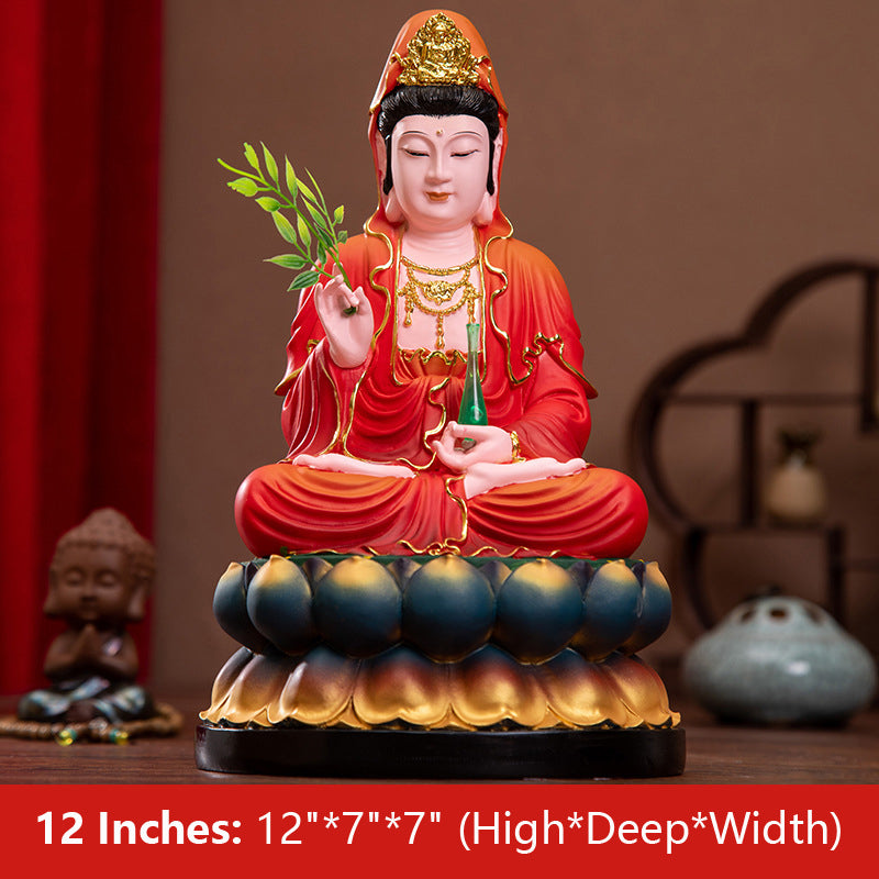 Buddha Kwan Yin Goddess of Mercy and Compassion Statue Red Clothes Resin Material 12 inches 30CM*17CM*17CM