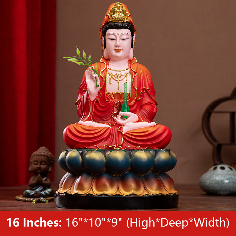 Buddha Kwan Yin Goddess of Mercy and Compassion Statue Red Clothes Resin Material 16 inches 38CM*24CM*22CM