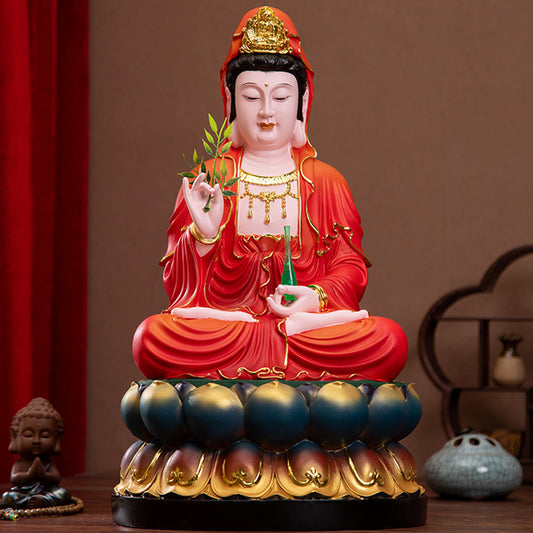 GuanYin Statue - Buddha Kwan Yin Goddess of Mercy and Compassion,  Holding a Vase and Willow Leaves Goddess Kuan Yin Dragon, Red Clothes Resin Material, Offerings