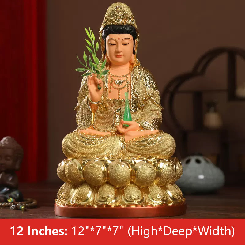 Buddha Kwan Yin Goddess Statue, Sand Gold Resin Material, 12 Inches