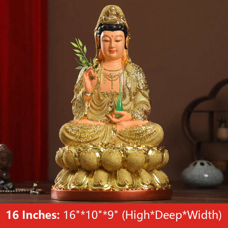 Buddha Kwan Yin Goddess Statue, Sand Gold Resin Material, 16 Inches