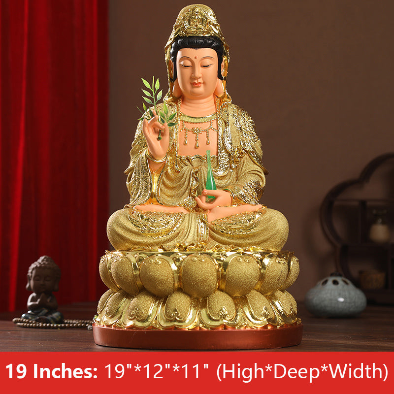 Buddha Kwan Yin Goddess Statue, Sand Gold Resin Material, 19 Inches