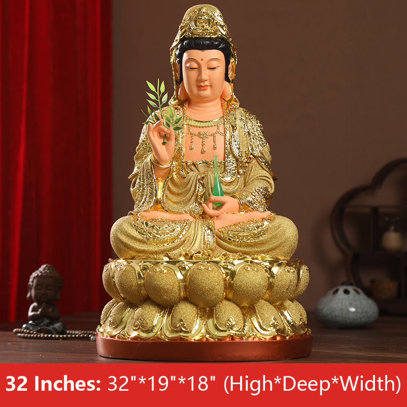 Buddha Kwan Yin Goddess Statue, Sand Gold Resin Material, 32 Inches