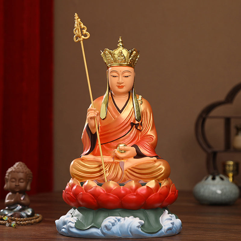 Earth Store, Dizang, Ksitigarbha Bodhisattva Statue on Lotus for Sale, Golden Blessed Clothes Resin Material, Offerings