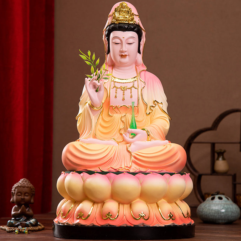 Guan Yin Bodhisattva Buddha Statue for Sale, Hand Holding Jade Bottle and Willow Leaves Kuan Yin Goddess, Pink Resin Material, Offerings