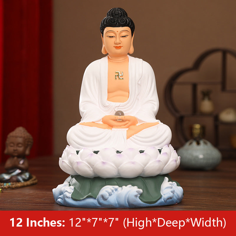 Mahāvairocana, White Clothes Shakyamuni Buddha Statues, Lotus Leaf Resin Material 12 inches 30CM*17CM*17CM
