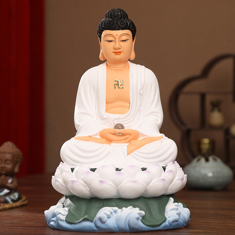 Mahāvairocana, White Clothes Shakyamuni Buddha Statues for Sale, Lotus Leaf Resin Material, Offerings