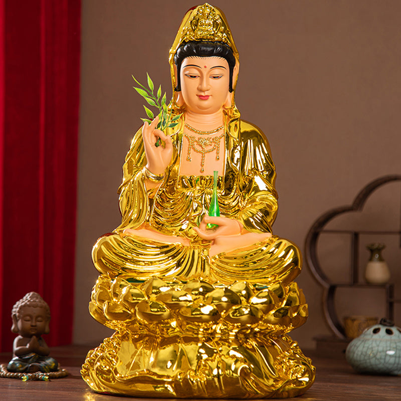 Seated Kuan Yin Goddess of Mercy Statue for Sale, Chinese Buddhist Goddess Kuan Yin Statue, Lotus Flower, Golden Resin Material, Offerings