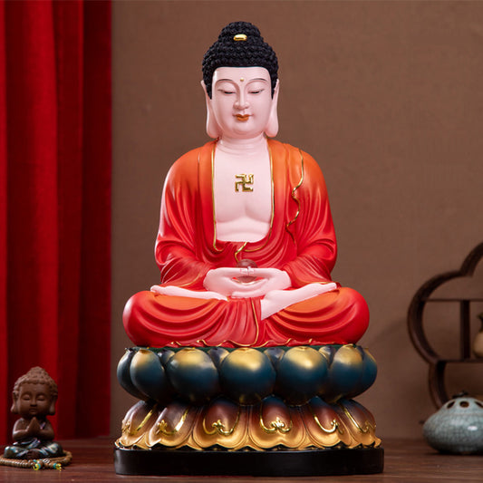 Seated Shakyamuni Buddha Statue for Home, Red Clothes Resin Material, Offerings