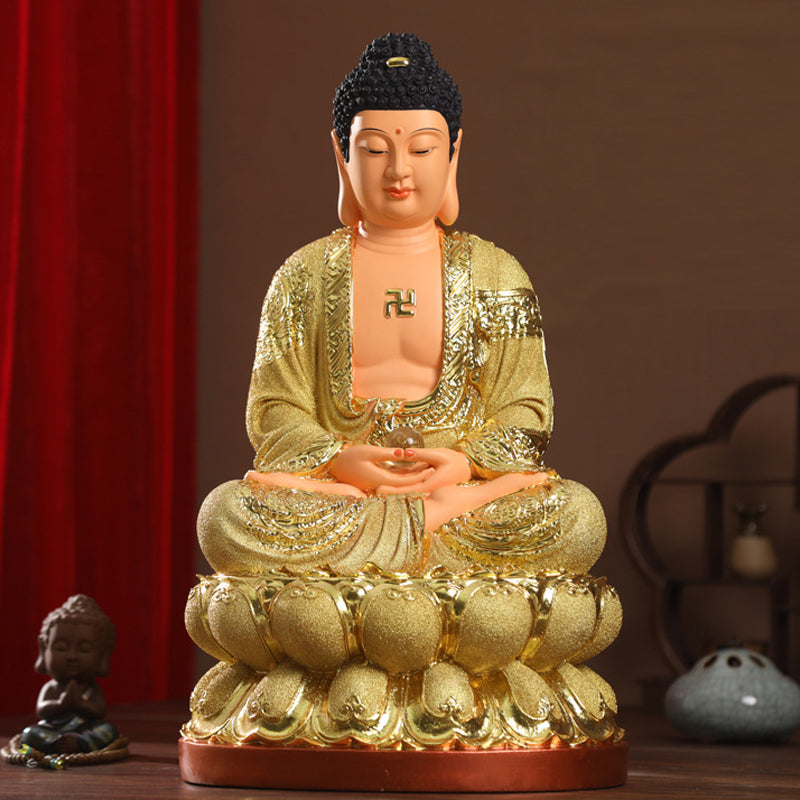 Seated Shakyamuni Buddha Statue for Sale, Sand Gold Resin Material, Offerings