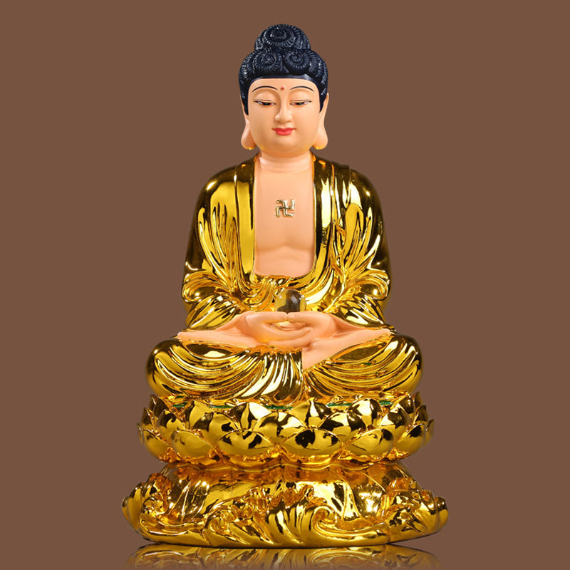 Siddhartha Gautama, Shakyamuni Buddha Statue for Sale, Lotus Leaf, Golden Resin Material, Offerings