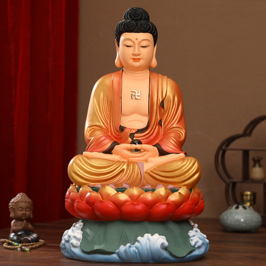Siddhartha Gautama, Shakyamuni Buddha Statue on Lotus for Sale, Golden Blessed Clothes Resin Material, Offerings