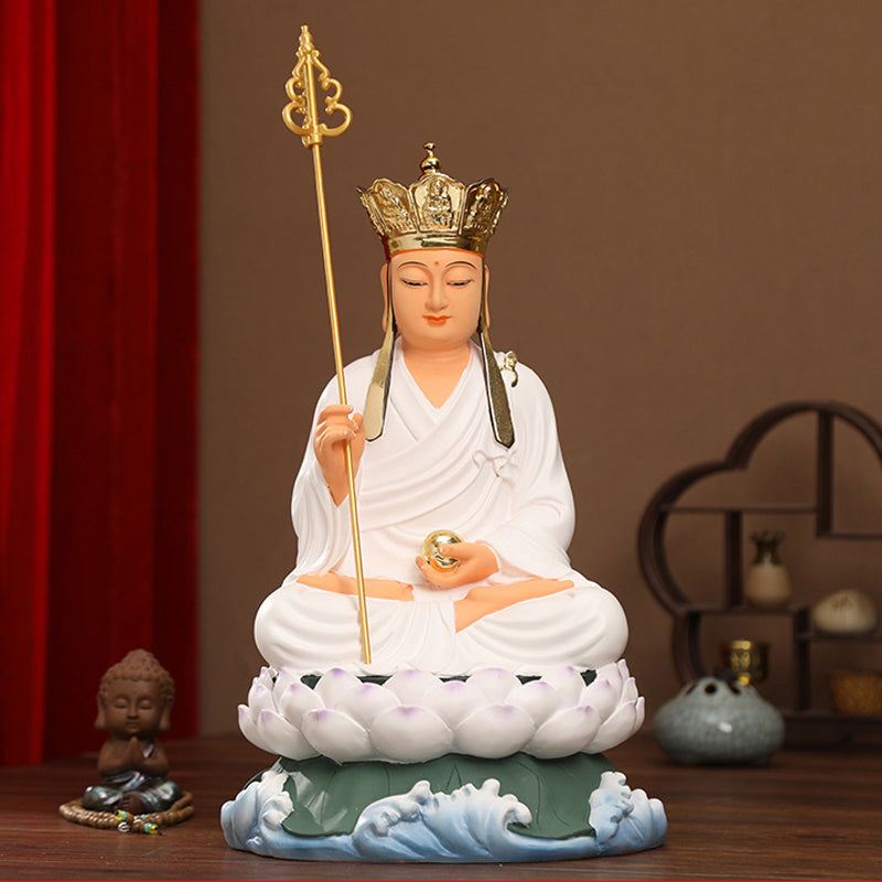 White Clothes Ksitigarbha Bodhisattva Buddha Statue for Sale, Lotus Leaf Resin Material, Offerings